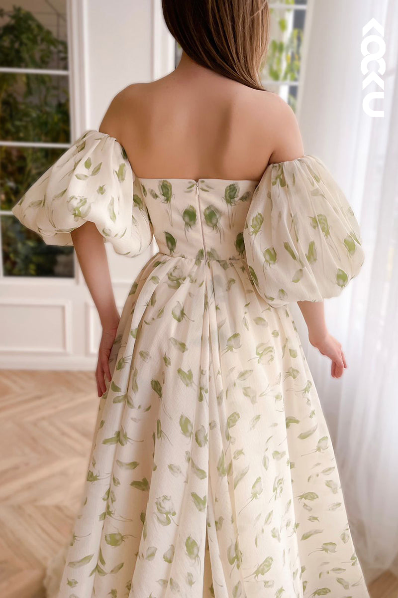 L2114 - Sweetheart Strapless Print Ruched Tulle A-Line Long Prom Evening Dress