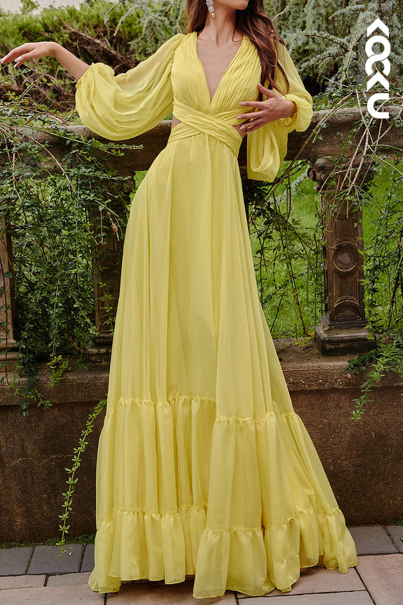 L2115 - Low V-Neck Long Sleeves Cut Outs Ruched Tulle A-Line Long Prom Evening Dress