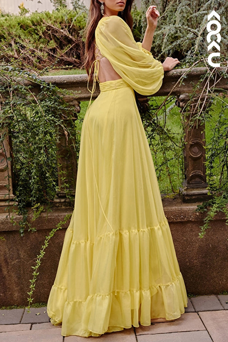 L2115 - Low V-Neck Long Sleeves Cut Outs Ruched Tulle A-Line Long Prom Evening Dress