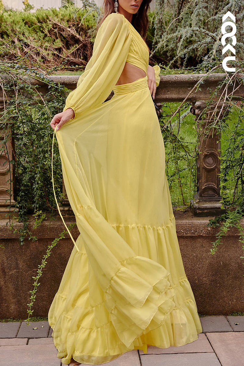 L2115 - Low V-Neck Long Sleeves Cut Outs Ruched Tulle A-Line Long Prom Evening Dress