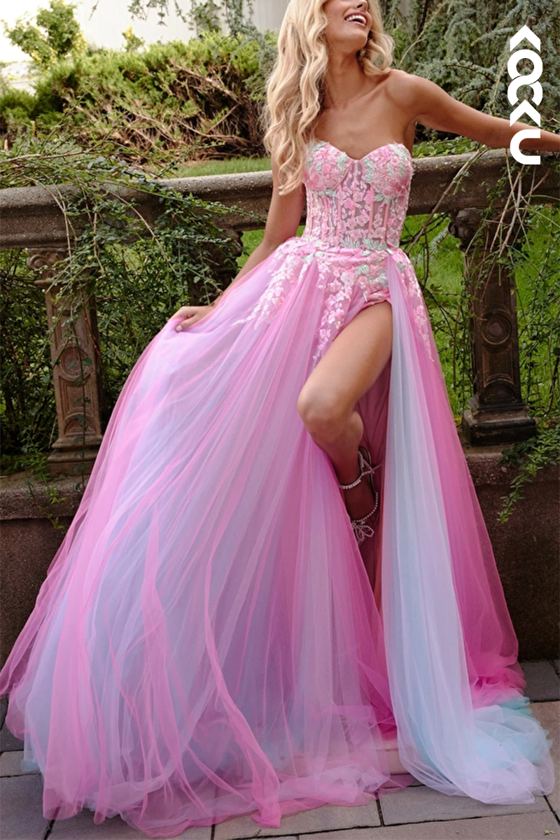 L2116 - Sweetheart Strapless Floral Appliqued Ruch Tulle A-Line Long Prom Evening Dress