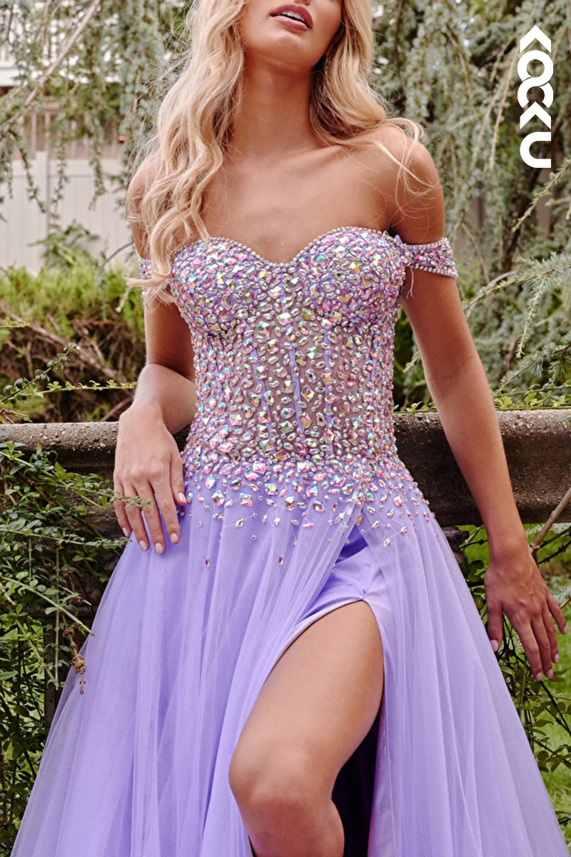L2117 - Off-Shoulder Sweetheart Beaded Sheer Ruched Tulle A-Line Long Prom Dress