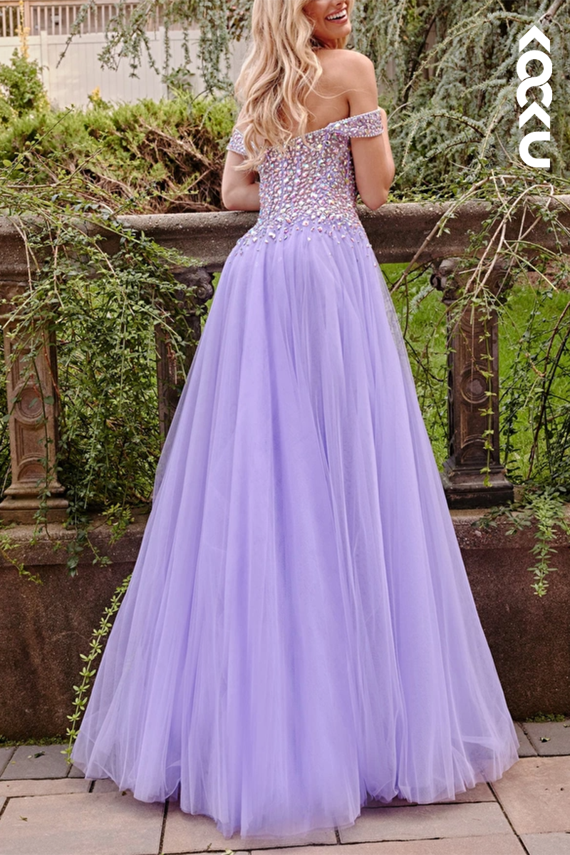 L2117 - Off-Shoulder Sweetheart Beaded Sheer Ruched Tulle A-Line Long Prom Dress