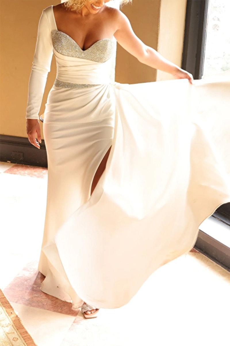 L2118 - One Shoulder Long Sleeves Beaded Ruched Satin Sheath Long Prom Evening Dress