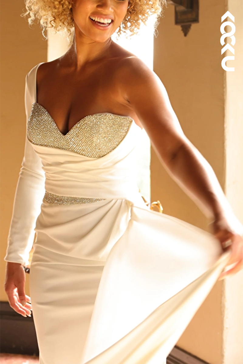 L2118 - One Shoulder Long Sleeves Beaded Ruched Satin Sheath Long Prom Evening Dress