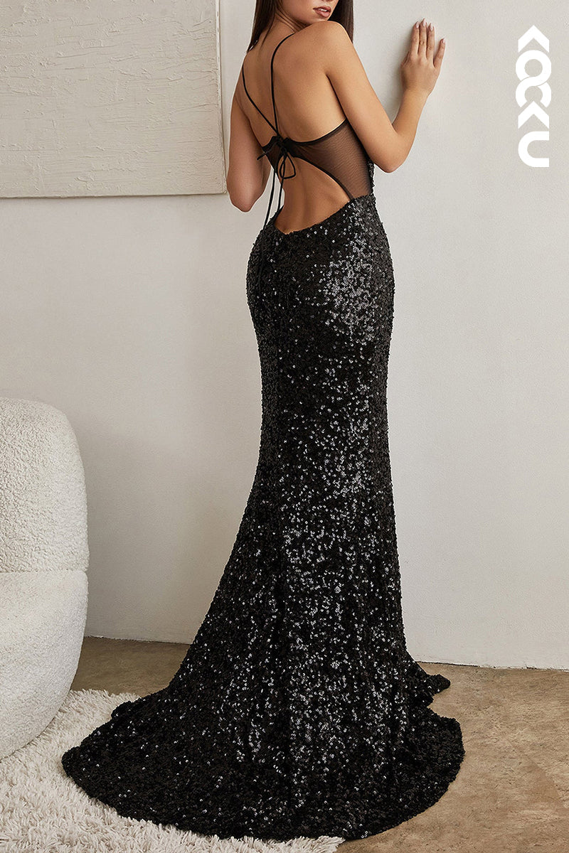 L2119 - Sweetheart Spaghetti Straps Sheer Tulle Sequins Sheath Long Prom Evening Dress