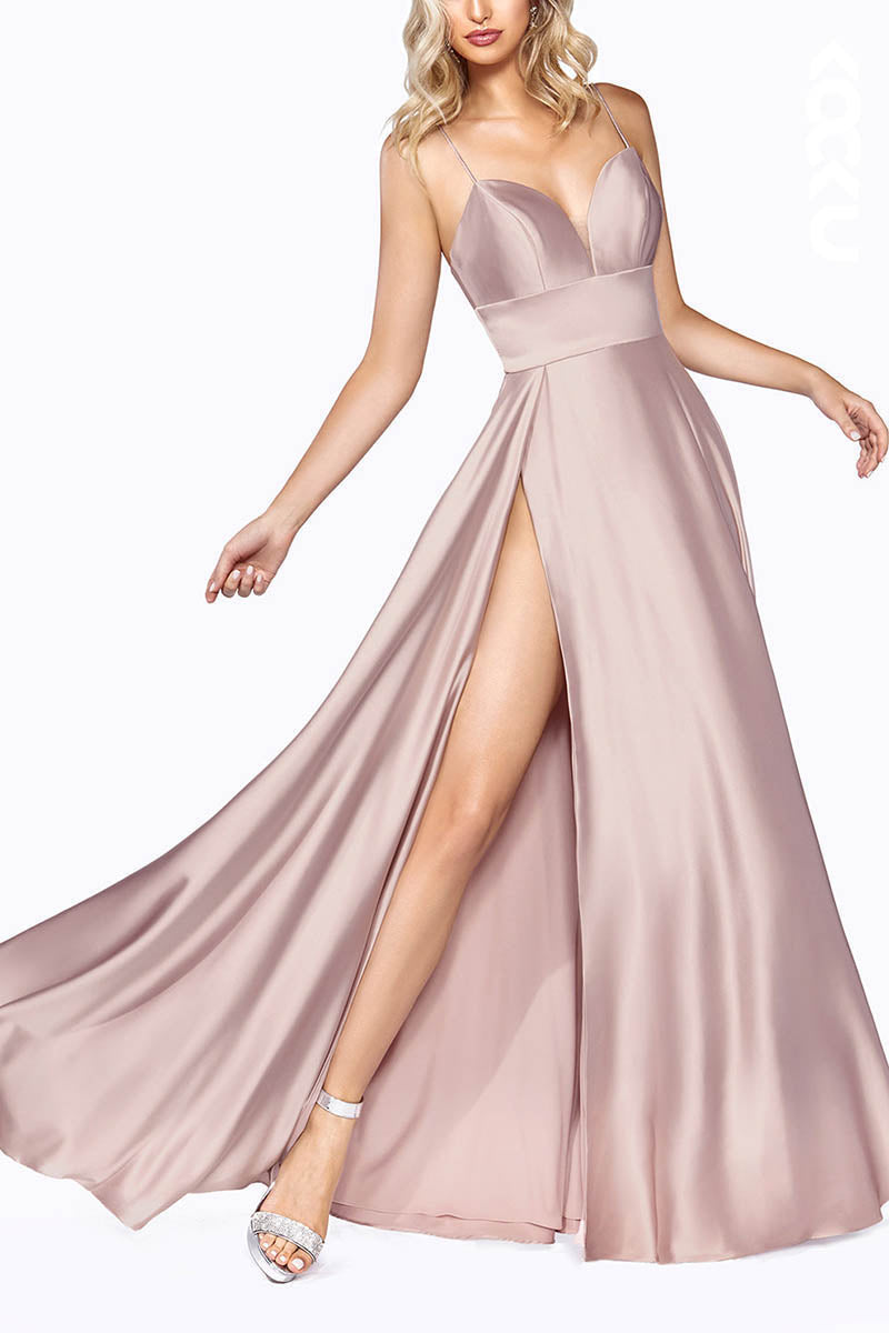 L2121 - Sweetheart Spaghetti Straps Satin A-Line Long Prom Evening Dress With Slit