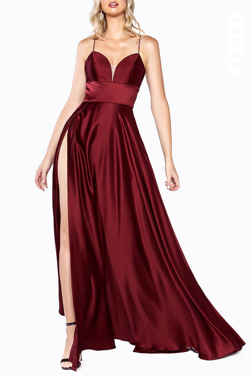 L2121 - Sweetheart Spaghetti Straps Satin A-Line Long Prom Evening Dress With Slit