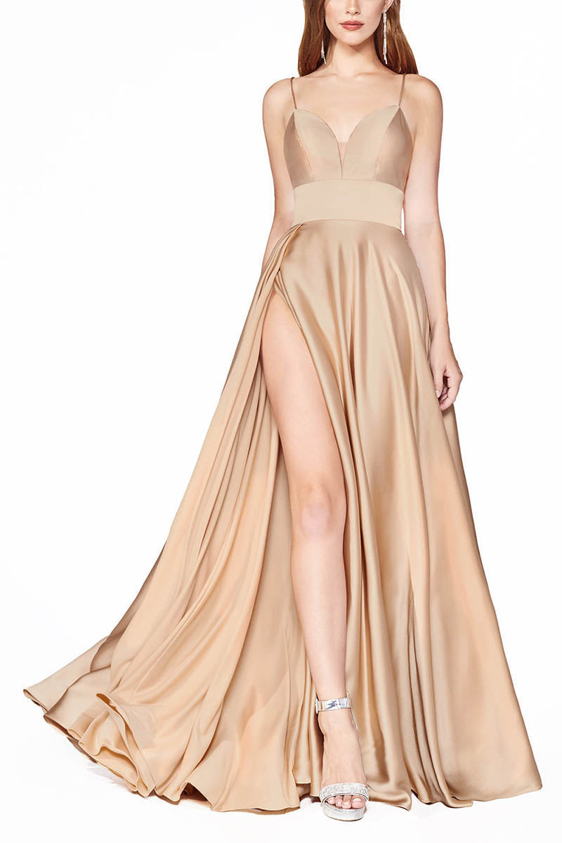 L2121 - Sweetheart Spaghetti Straps Satin A-Line Long Prom Evening Dress With Slit