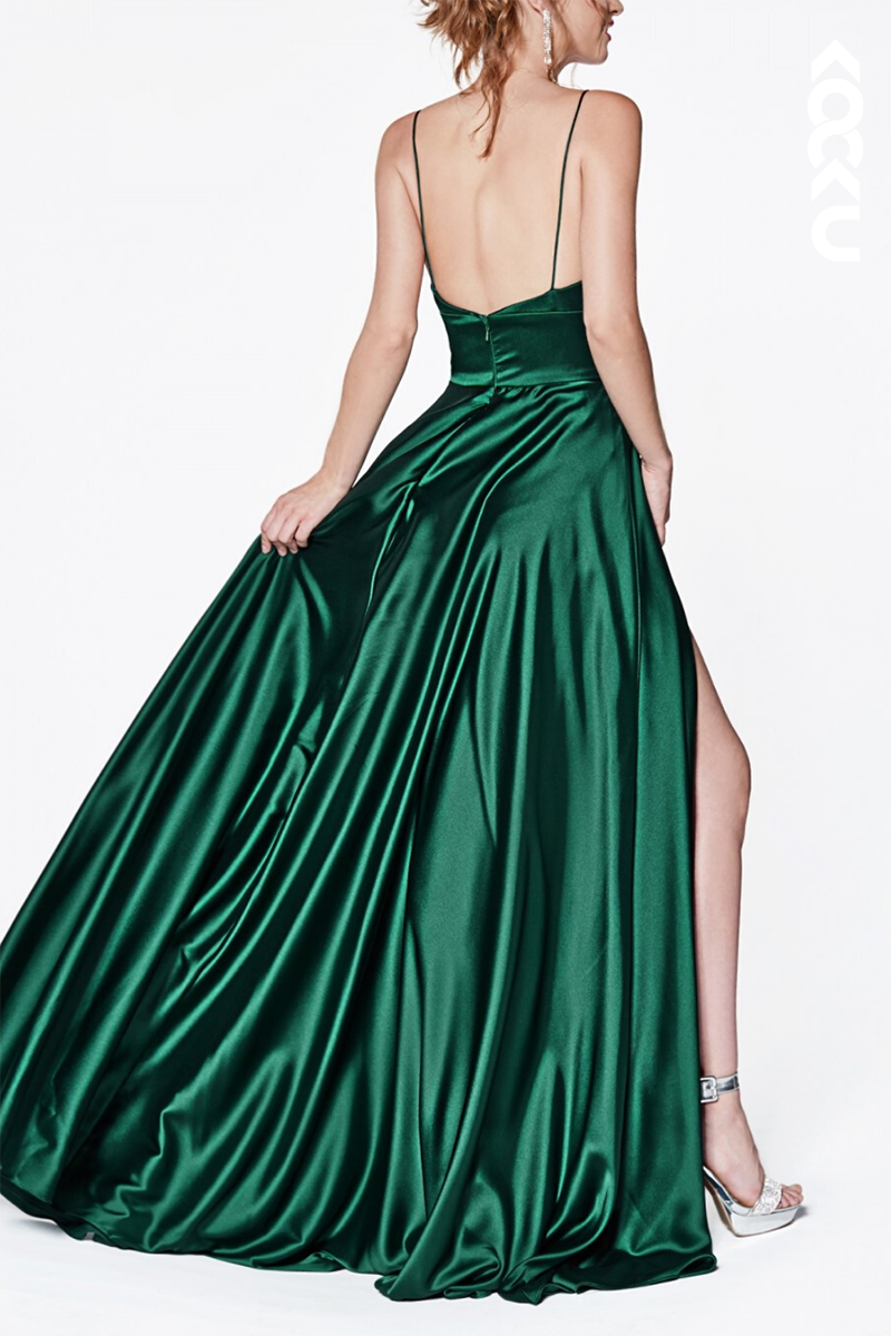 L2121 - Sweetheart Spaghetti Straps Satin A-Line Long Prom Evening Dress With Slit