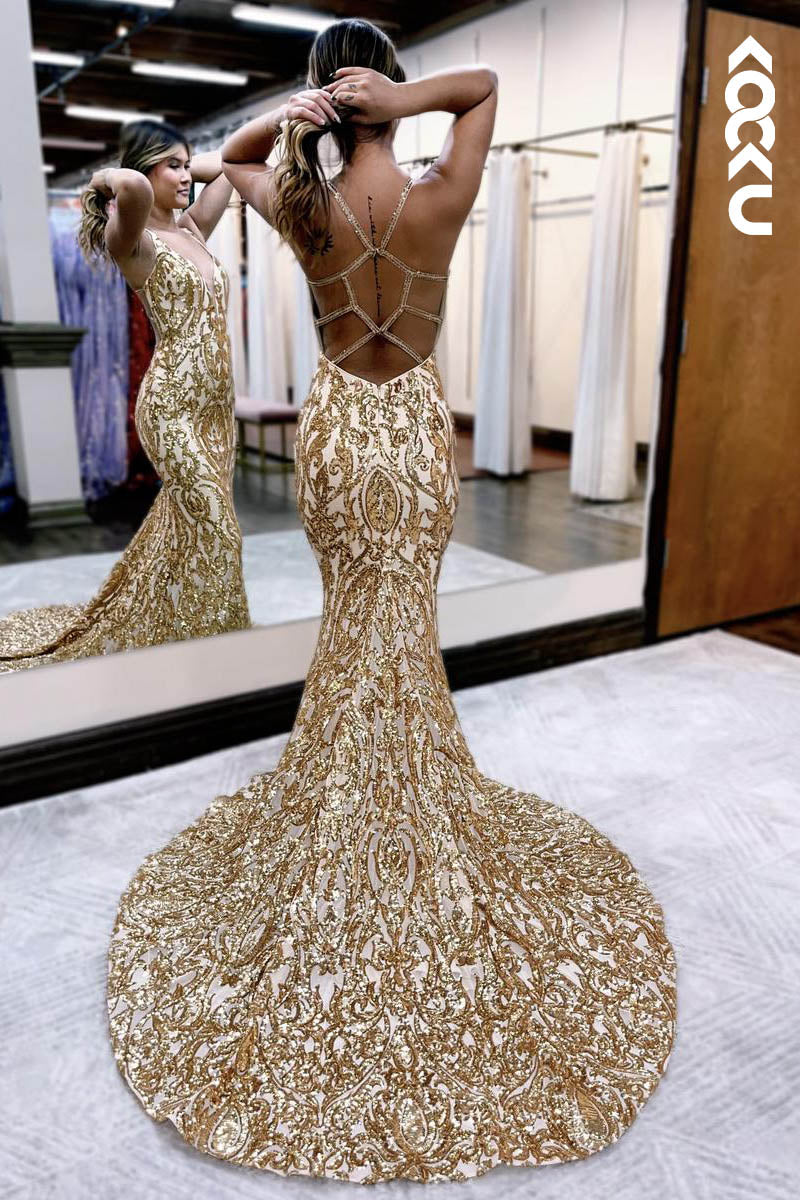 L2123 - Low V-Neck Sleeveless Sequins Satin Mermaid Long Prom Evening Dress