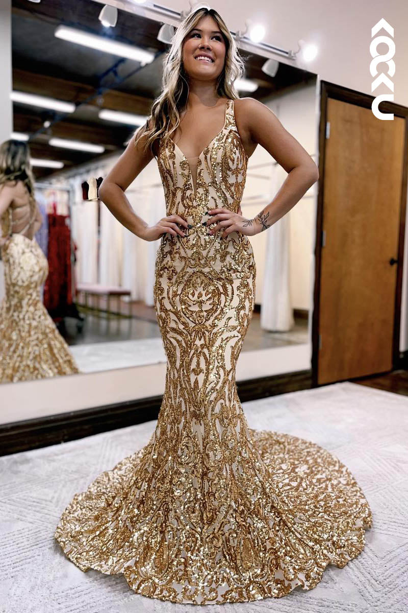 L2123 - Low V-Neck Sleeveless Sequins Satin Mermaid Long Prom Evening Dress