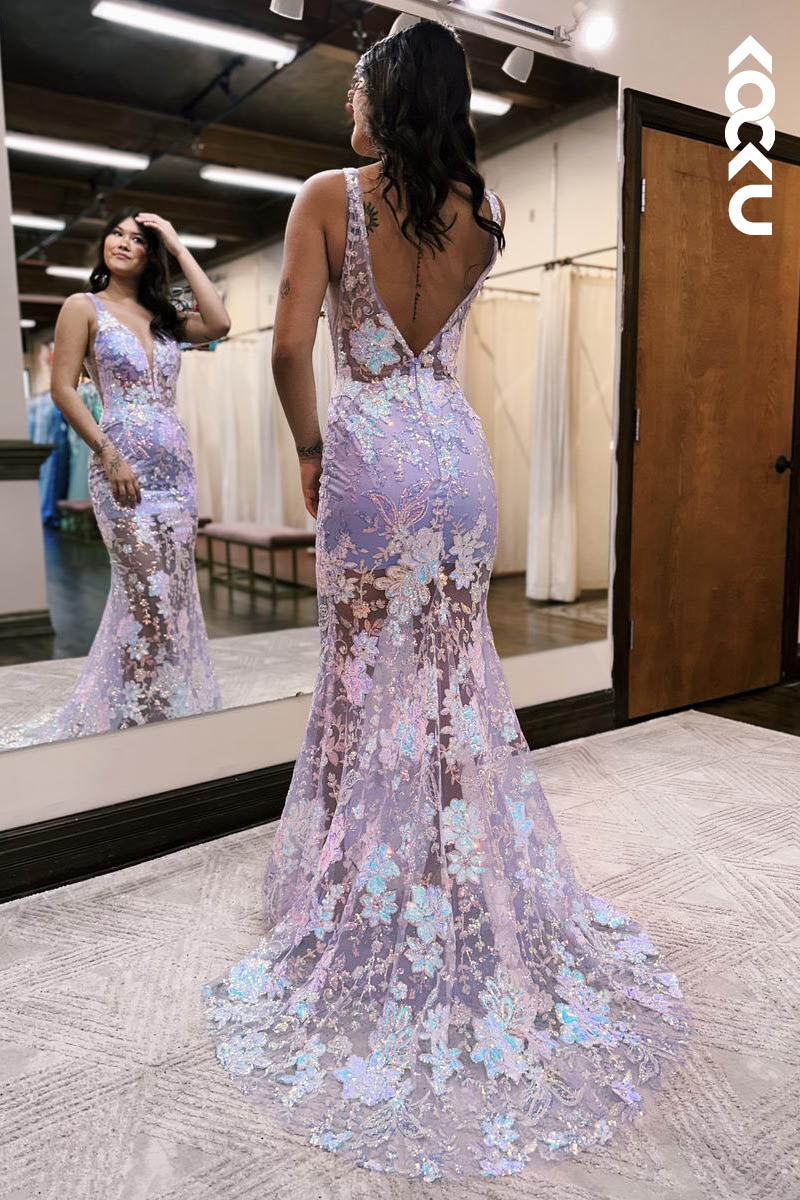 L2124 - Low V-Neck Backless Floral Appliqued Sheer Tulle Mermaid Long Prom Dress