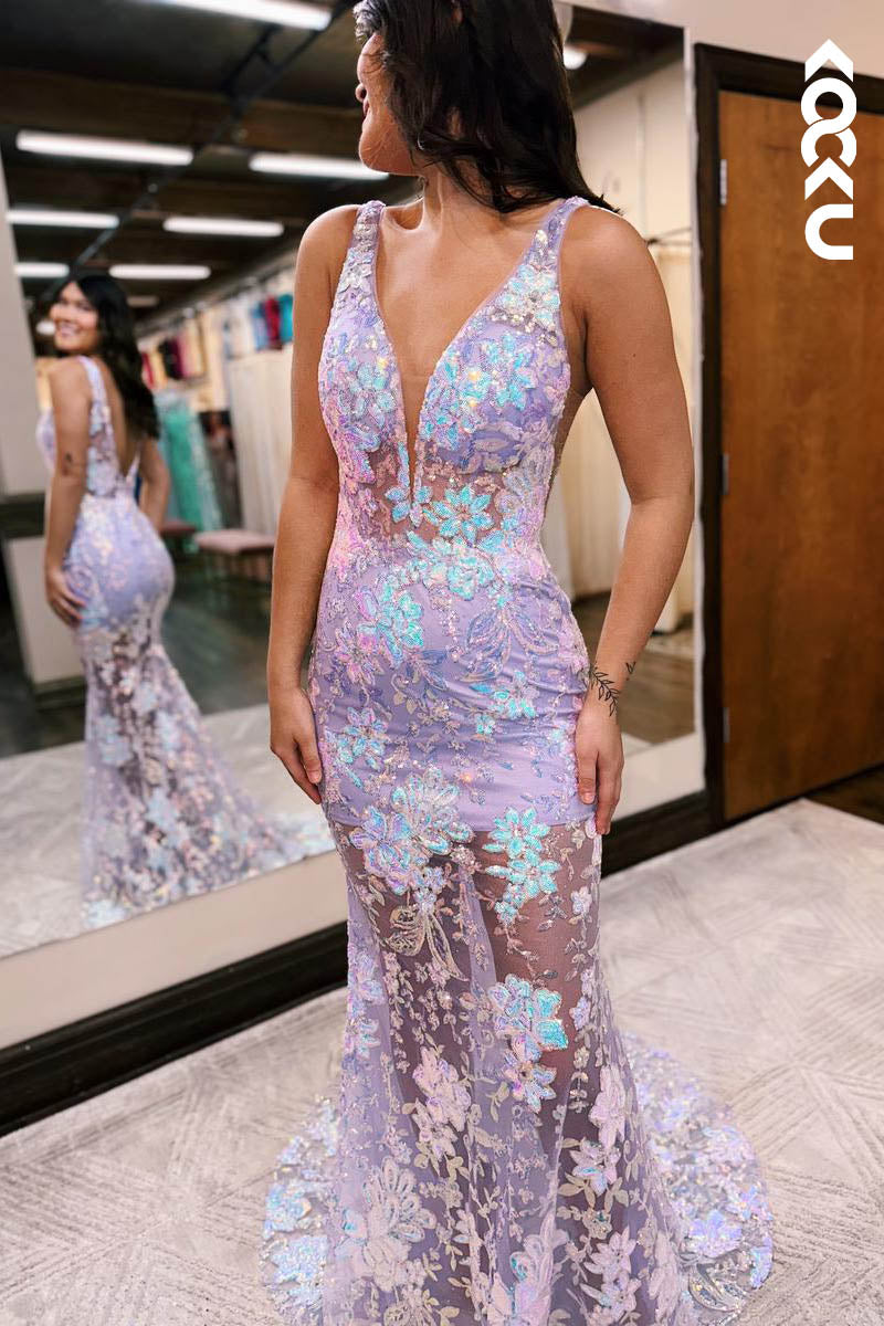 L2124 - Low V-Neck Backless Floral Appliqued Sheer Tulle Mermaid Long Prom Dress