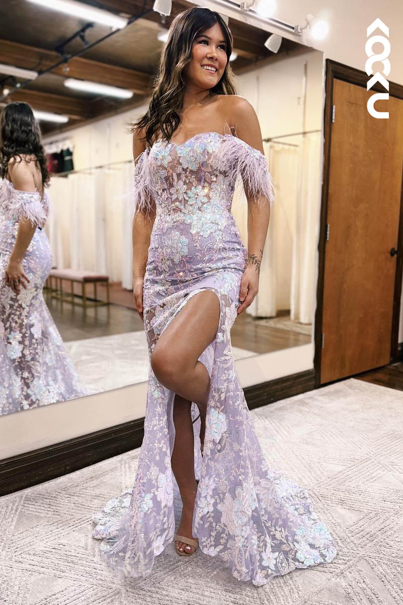 L2125 - Sweetheart Off-Shoulder Floral Sheer Tulle Sheath Long Prom Evening Dress