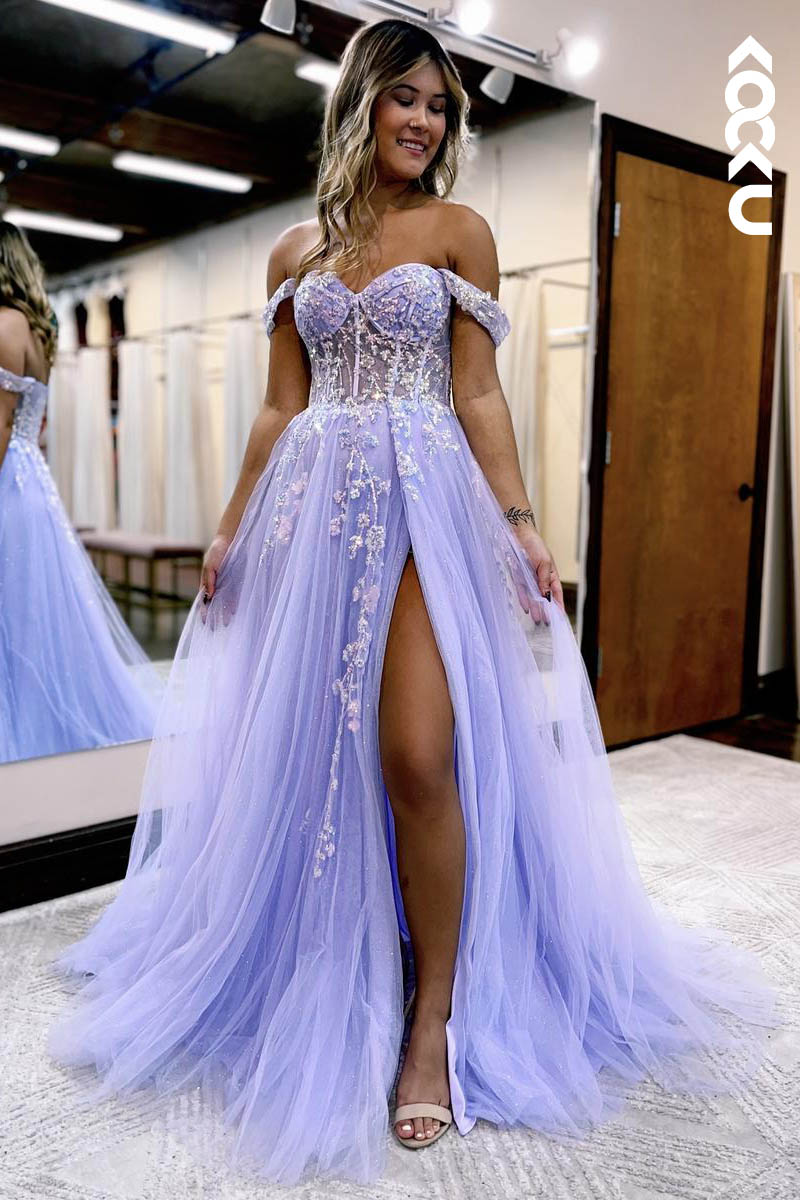 L2126 - Off-Shoulder Sleeveless Sequins Tulle A-Line Long Prom Evening Dress With Slit