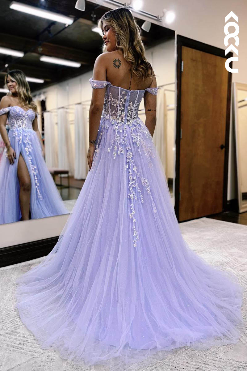 L2126 - Off-Shoulder Sleeveless Sequins Tulle A-Line Long Prom Evening Dress With Slit