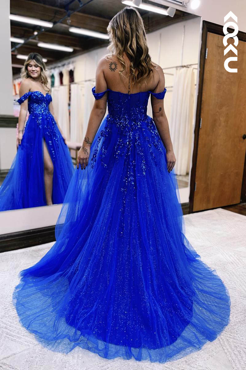 L2126 - Off-Shoulder Sleeveless Sequins Tulle A-Line Long Prom Evening Dress With Slit