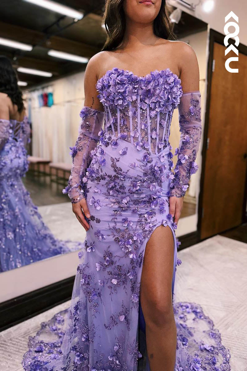 L2127 - Sweetheart Floral Beaded Appluqued Sheer Tulle Sheath Long Prom Evening Dress