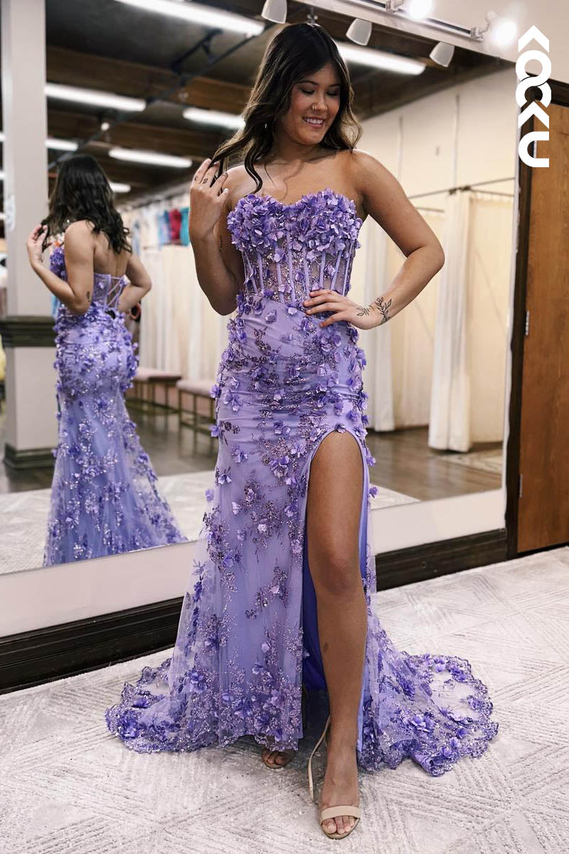 L2127 - Sweetheart Floral Beaded Appluqued Sheer Tulle Sheath Long Prom Evening Dress