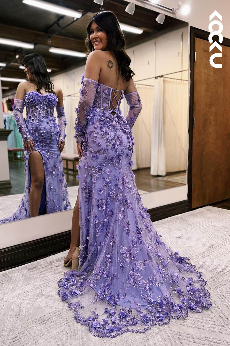 L2127 - Sweetheart Floral Beaded Appluqued Sheer Tulle Sheath Long Prom Evening Dress