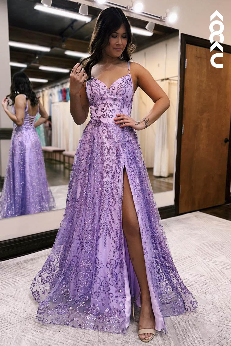 L2128 - V-Neck Spaghetti Straps Sequins Tulle A-Line Long Prom Evening Dress With Slit