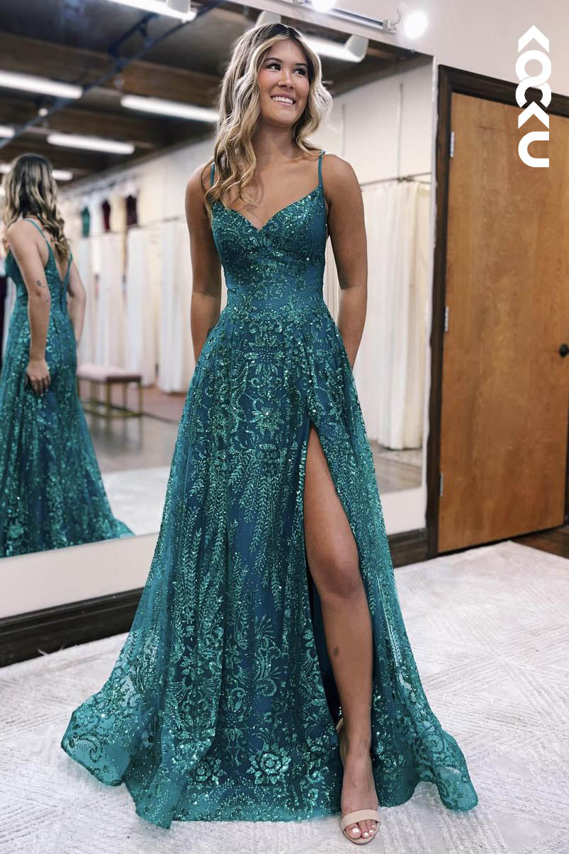 L2128 - V-Neck Spaghetti Straps Sequins Tulle A-Line Long Prom Evening Dress With Slit