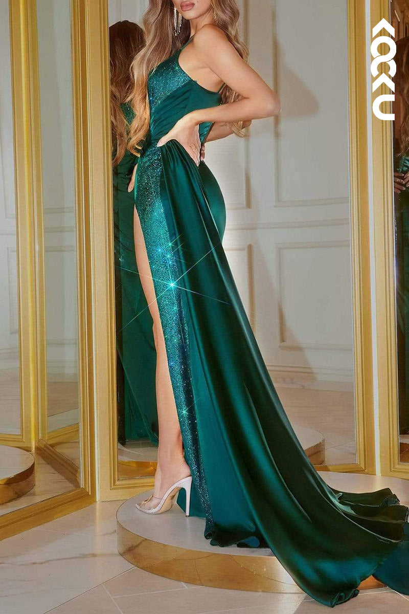 L2129 - Spaghetti Straps Sequins Ruched Satin Sheath Long Prom Evening Dress With Slit