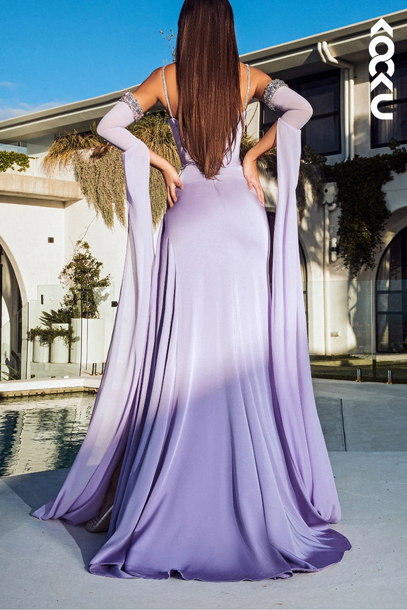 L2130 - Sweetheart Beaded Ruched Satin Sheath Long Prom Evening Dress With Slit
