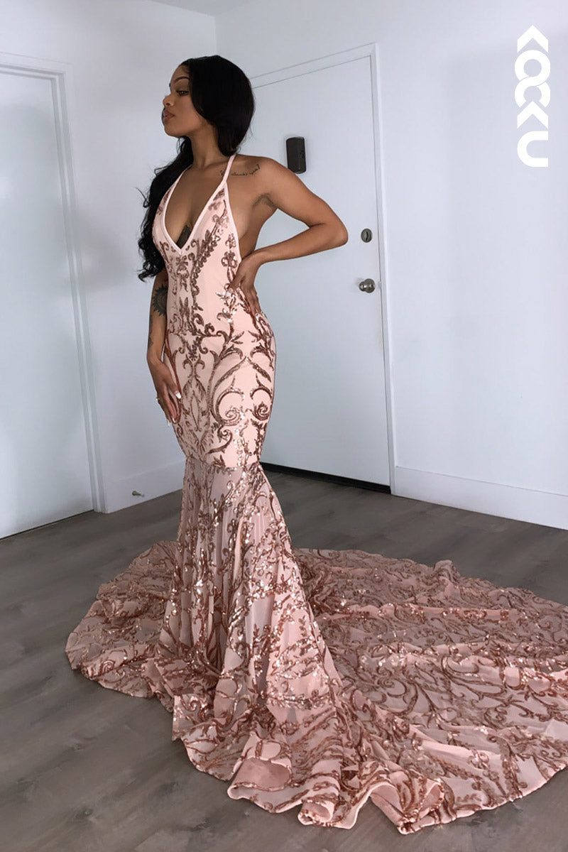L2131 - V-Neck Halter Backless Sequins Satin Mermaid Long Prom Evening Dress