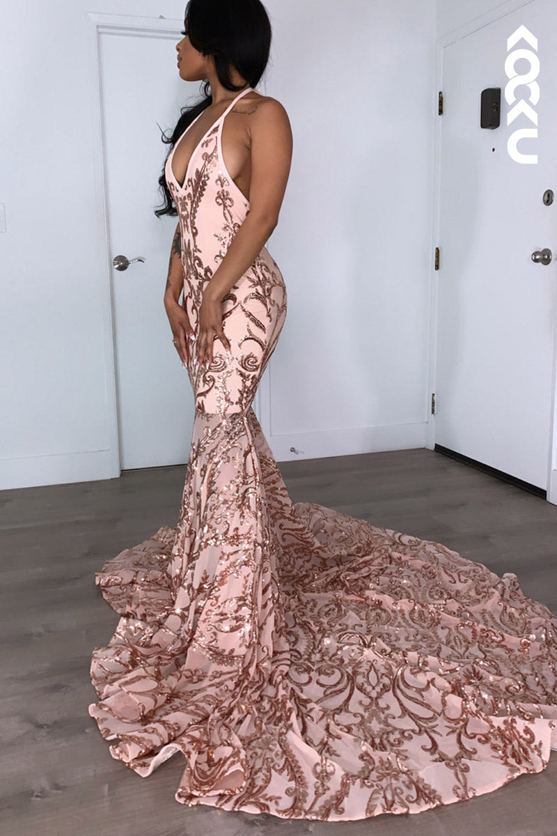 L2131 - V-Neck Halter Backless Sequins Satin Mermaid Long Prom Evening Dress