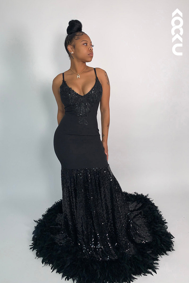 L2132 - V-Neck Appliqued Sequins Feather Satin Mermaid Long Prom Evening Dress