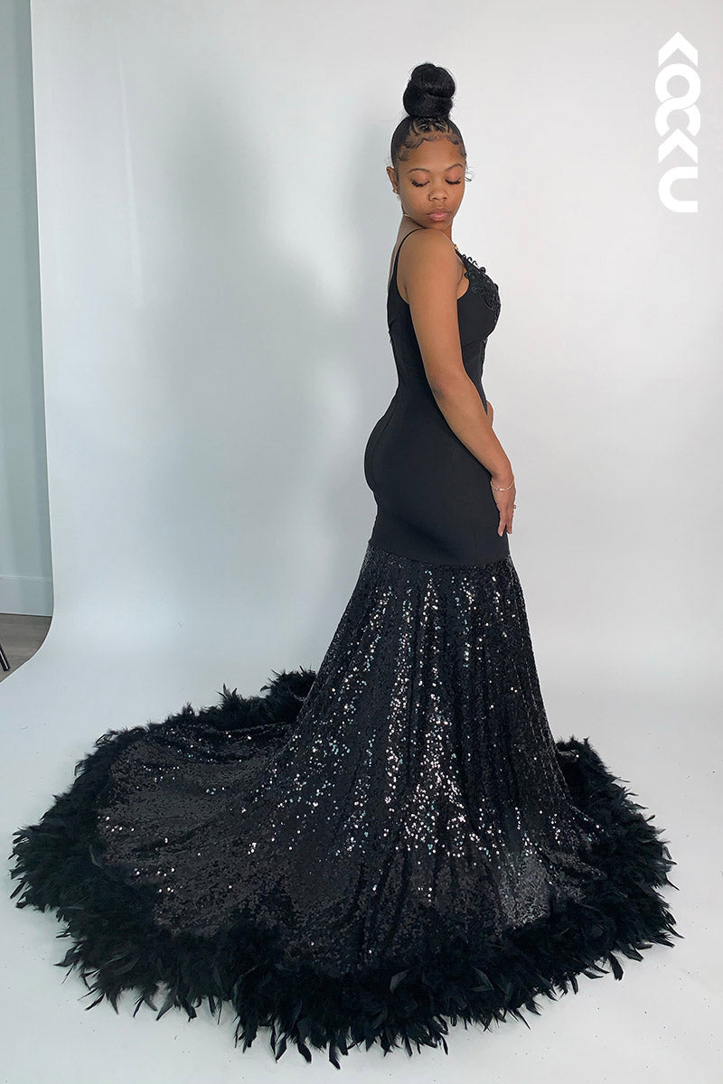 L2132 - V-Neck Appliqued Sequins Feather Satin Mermaid Long Prom Evening Dress