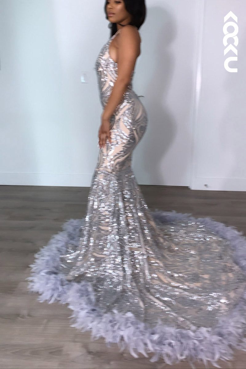 L2134 - V-Neck Halter Sequins Satin Feather Mermaid Long Prom Evening Dress