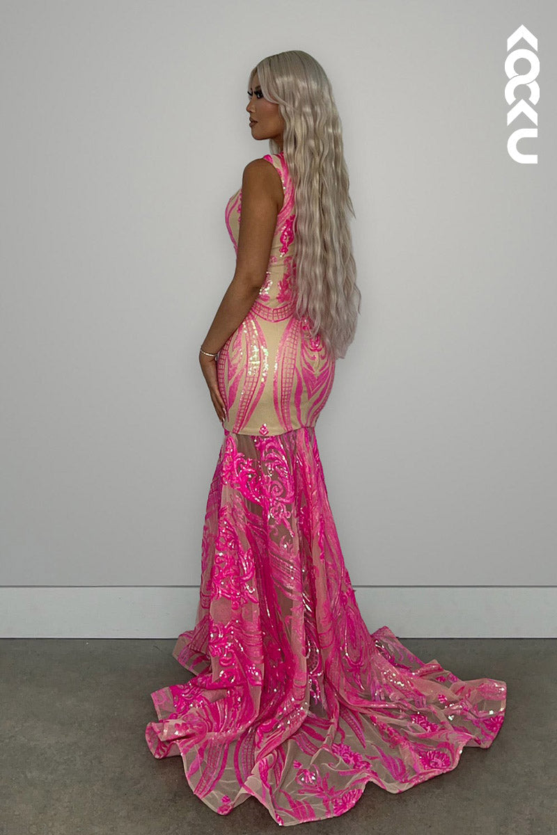 L2135 - Low V-Neck Sleeveless Sequins Sheer Tulle Mermaid Long Prom Evening Dress