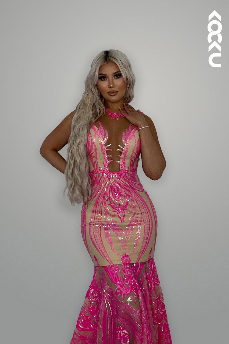 L2135 - Low V-Neck Sleeveless Sequins Sheer Tulle Mermaid Long Prom Evening Dress