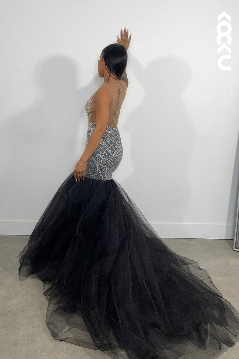 L2136 - Scoop Sequins Appliqued Sheer Tulle Mermaid Long Prom Evening Dress
