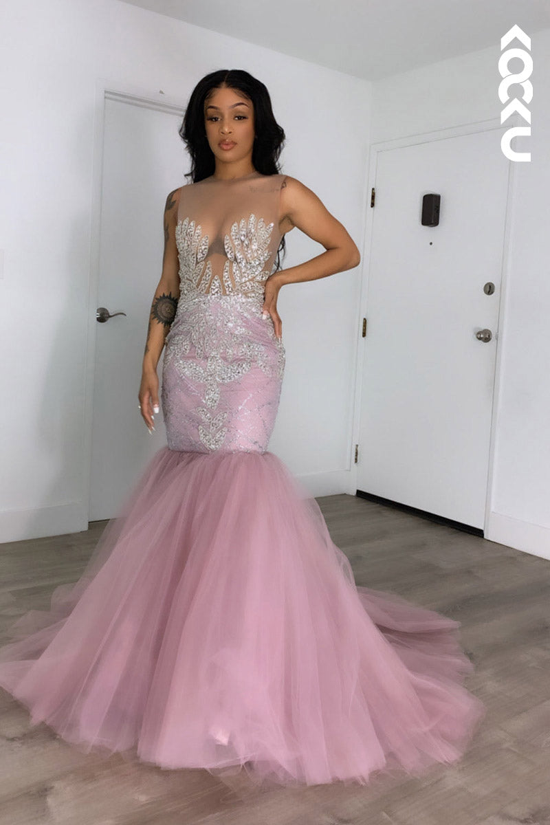 L2136 - Scoop Sequins Appliqued Sheer Tulle Mermaid Long Prom Evening Dress