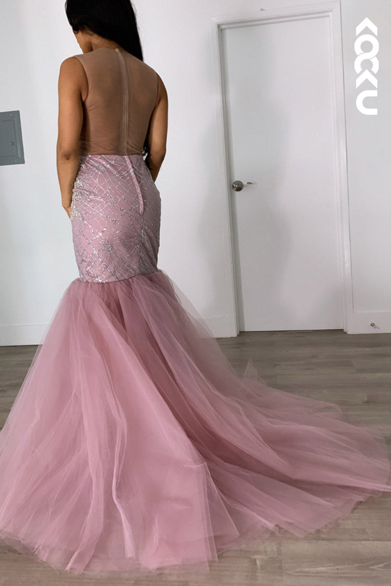 L2136 - Scoop Sequins Appliqued Sheer Tulle Mermaid Long Prom Evening Dress