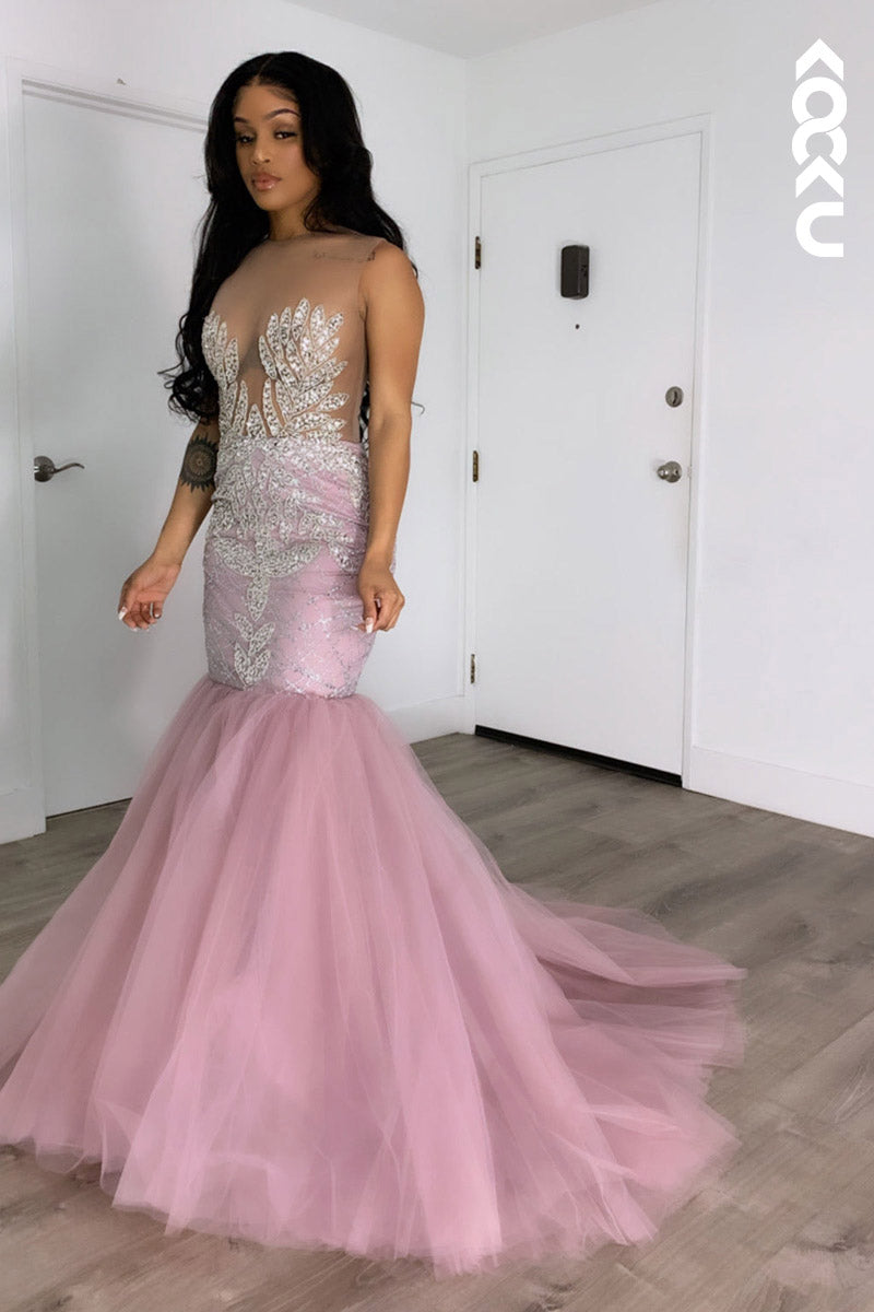 L2136 - Scoop Sequins Appliqued Sheer Tulle Mermaid Long Prom Evening Dress