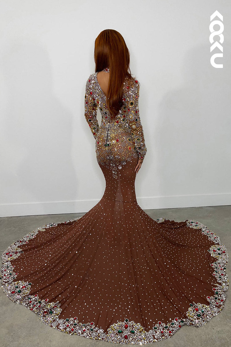 L2138 - High Neck Long Sleeves Beaded Sheer Tulle Mermaid Long Prom Evening Dress