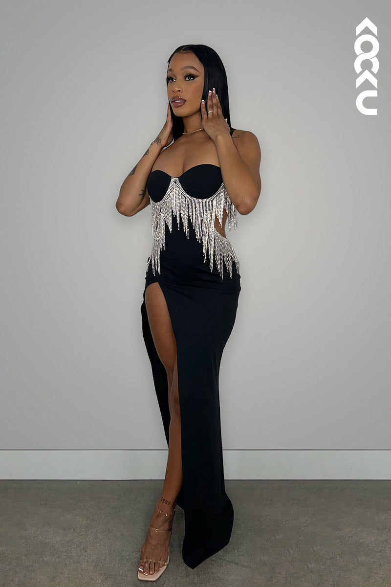 L2139 - Sweetheart Straps Beaded Cut Outs Satin Sheath Long Prom Evening Dress