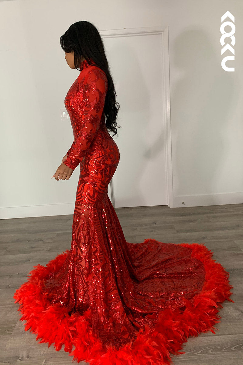 L2140 - High Neck Long Sleeves Sequins Tulle Feather Mermaid Long Prom Evening Dress