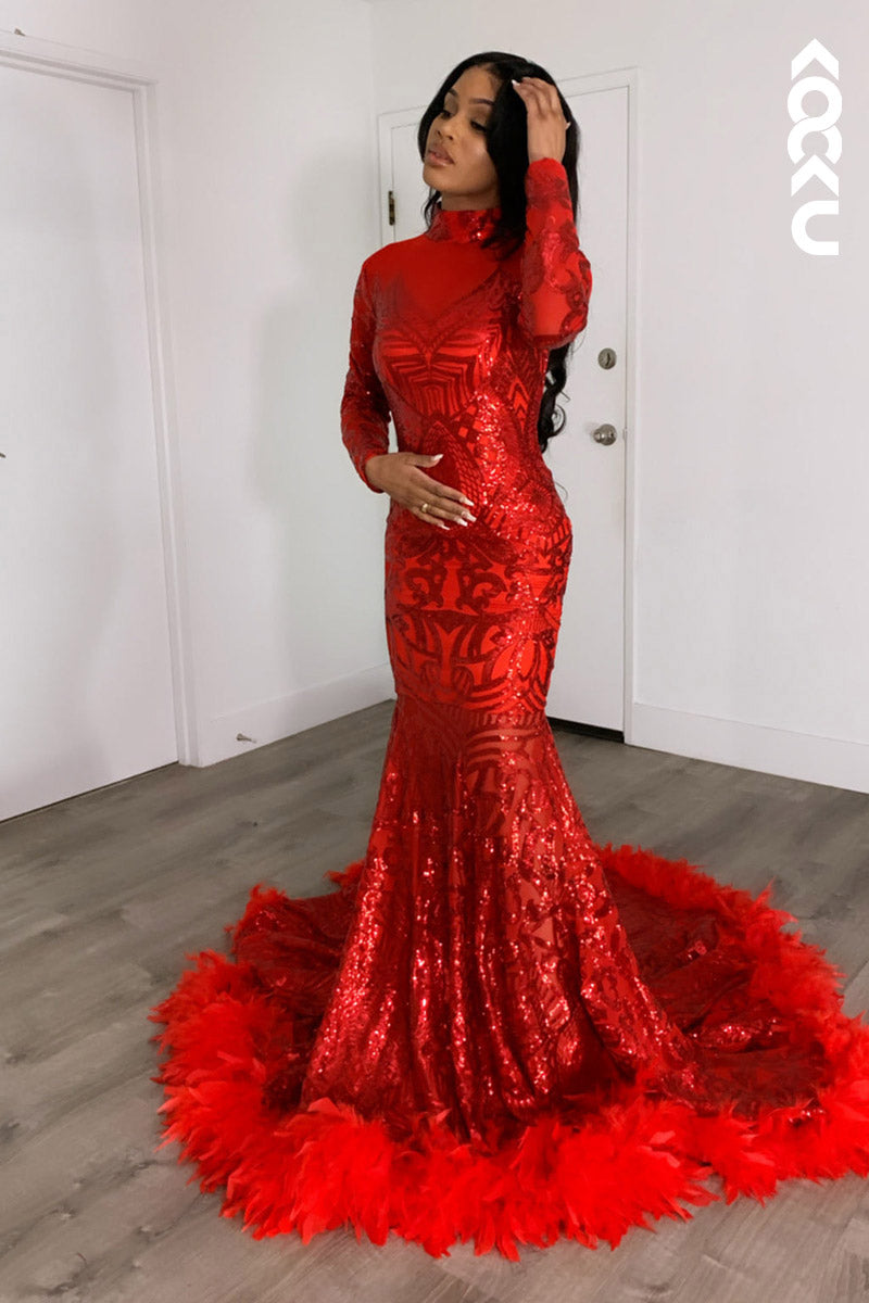 L2140 - High Neck Long Sleeves Sequins Tulle Feather Mermaid Long Prom Evening Dress
