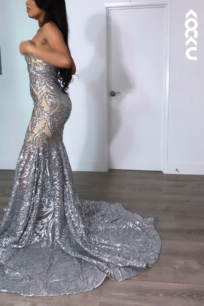 L2141 - Bateau Strapless Beaded Sequins Sheer Tulle Mermaid Long Prom Evening Dress