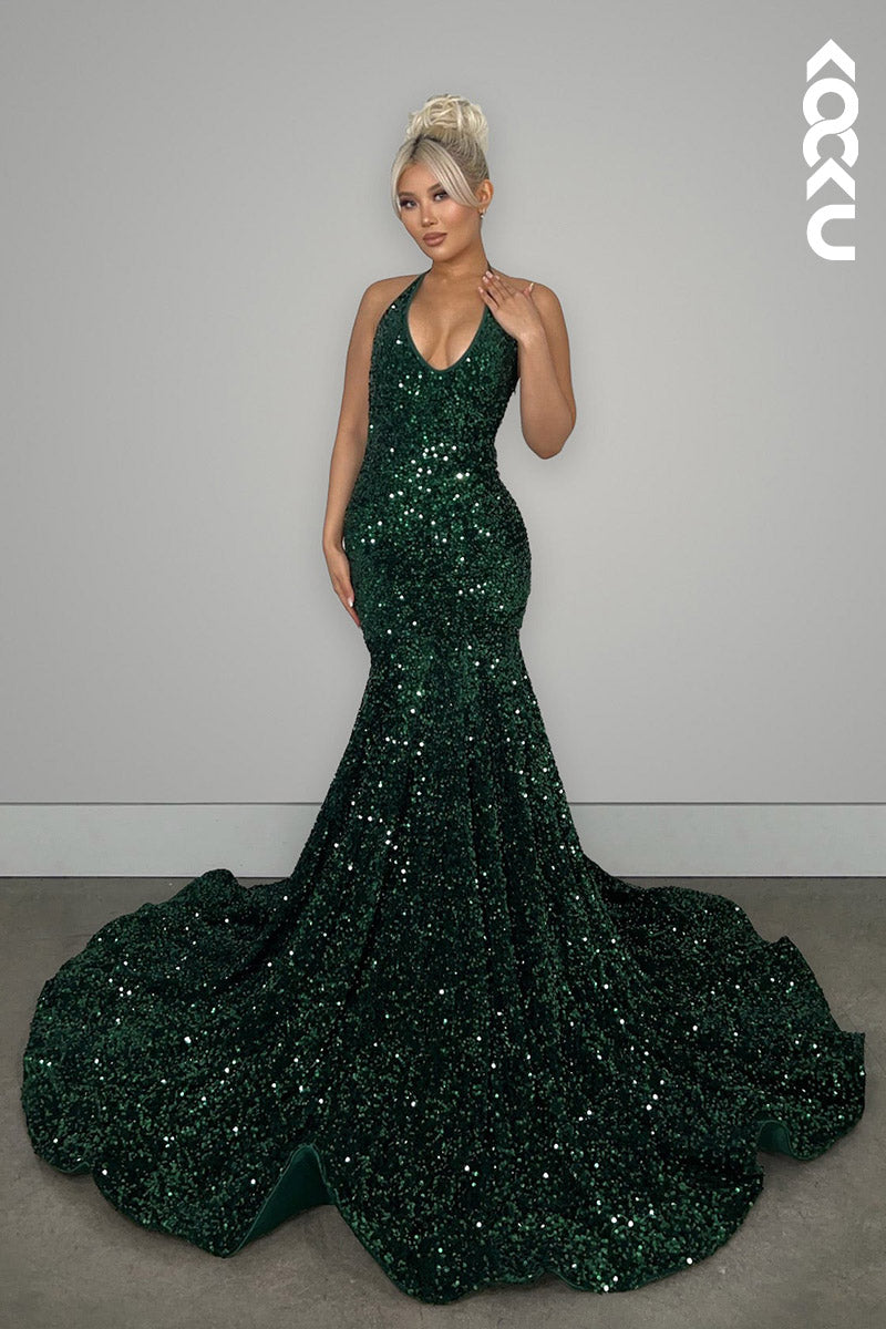 L2142 - V-Neck Halter Backless Sequins Mermaid Long Prom Evening Dress With Sweep Train