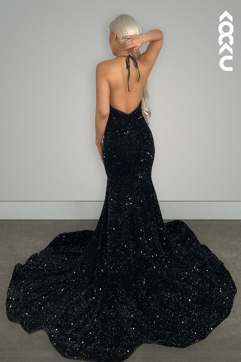 L2142 - V-Neck Halter Backless Sequins Mermaid Long Prom Evening Dress With Sweep Train
