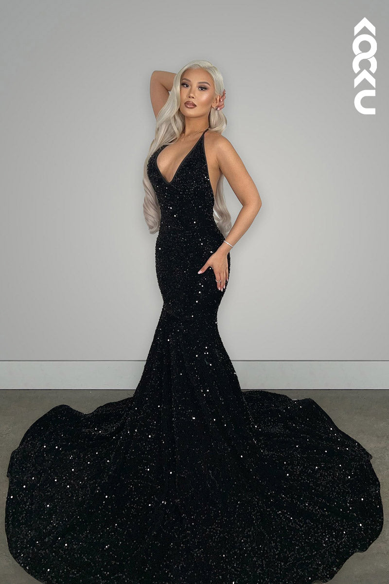 L2142 - V-Neck Halter Backless Sequins Mermaid Long Prom Evening Dress With Sweep Train