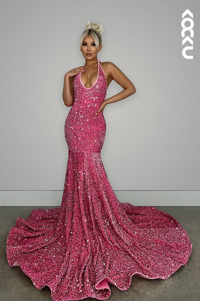 L2142 - V-Neck Halter Backless Sequins Mermaid Long Prom Evening Dress With Sweep Train