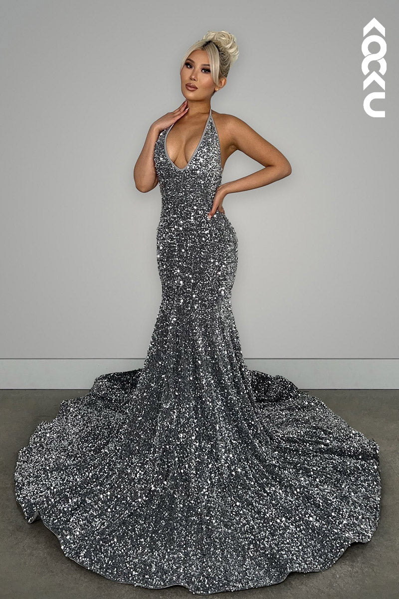 L2142 - V-Neck Halter Backless Sequins Mermaid Long Prom Evening Dress With Sweep Train